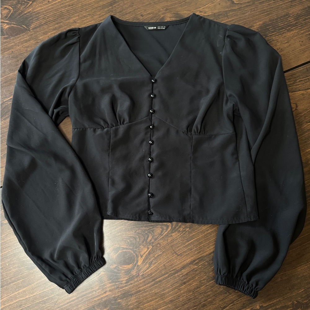 SHEIN Black V-Neck Buttoned Blouse